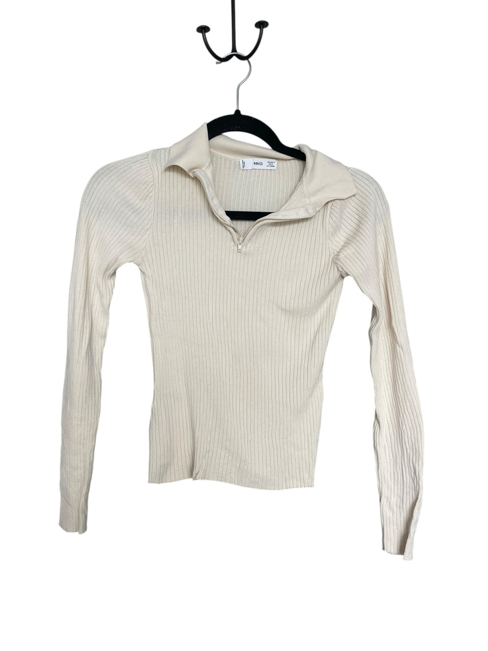 Mango Cream Ribbed Half-Zip Long Sleeve Top